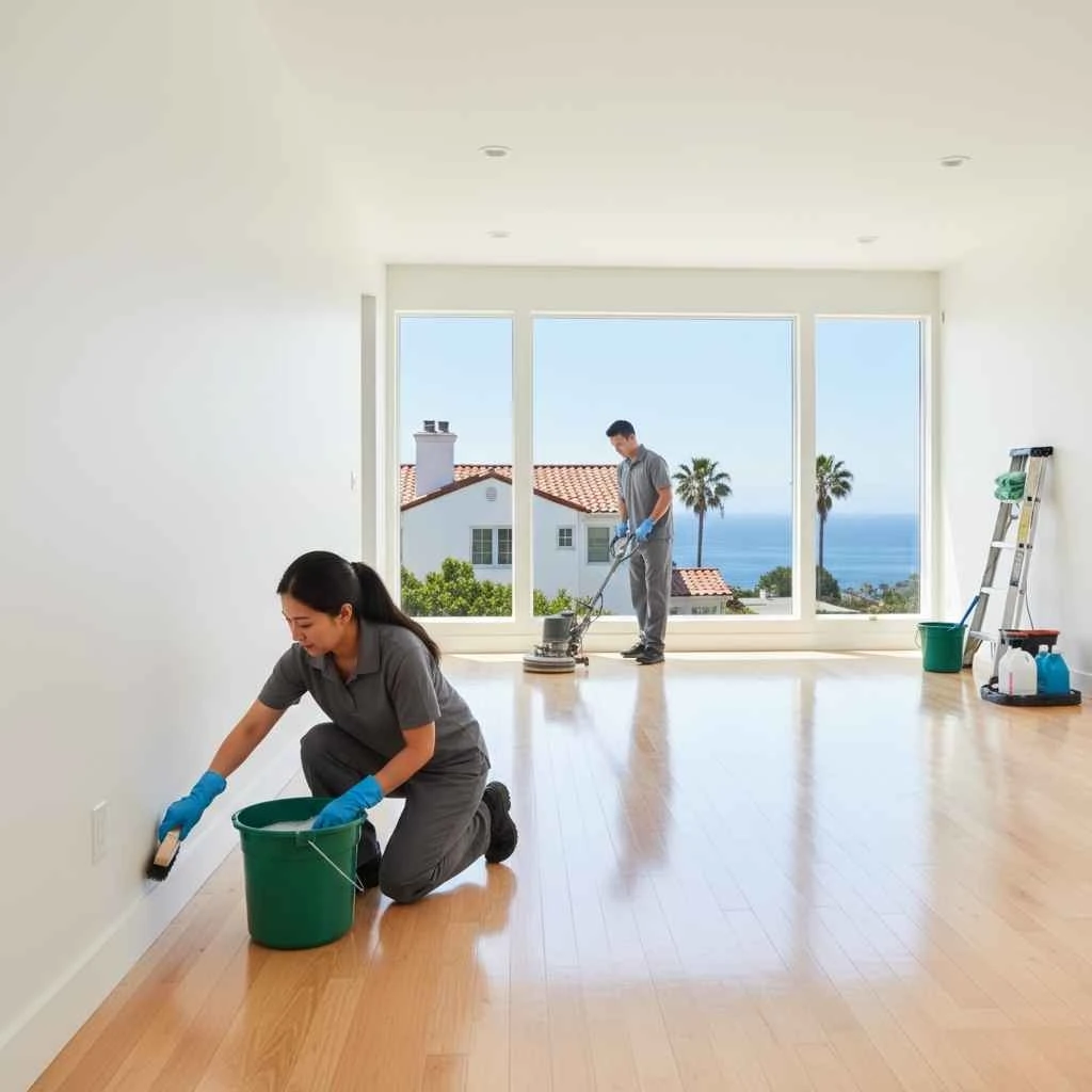 professional cleaners working in an empty home