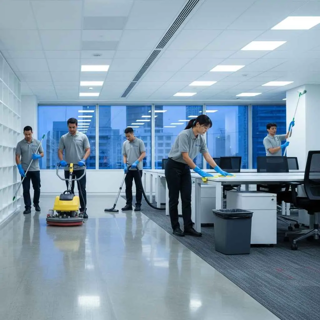 professional cleaning team working efficiently