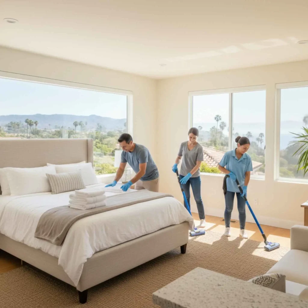Professional cleaning team preparing a vacation rental