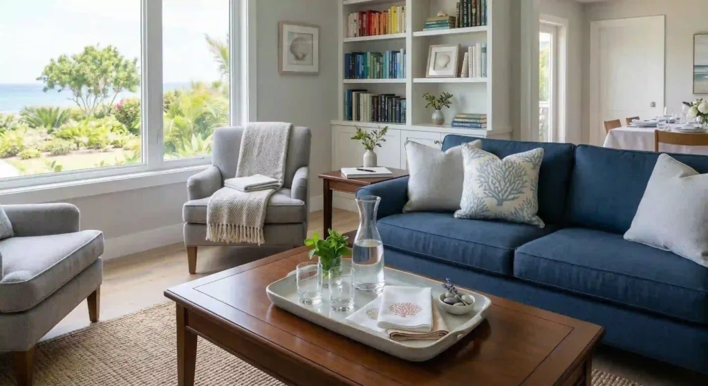 bright, organized living room ready for guests, highlighting attention to detail.