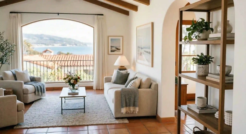 clean, modern Santa Barbara living room with natural light and tidy surfaces