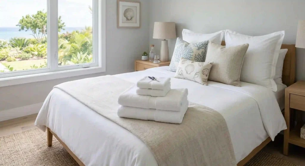 neatly folded towels and arranged pillows in a vacation rental bedroom.
