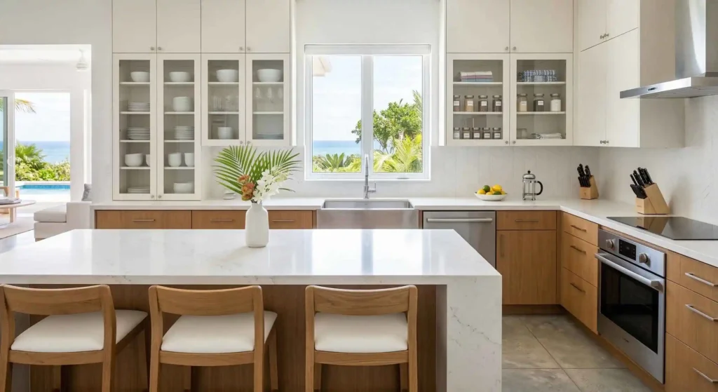 pristine, modern kitchen in a vacation rental with sparkling countertops and organized cabinets.