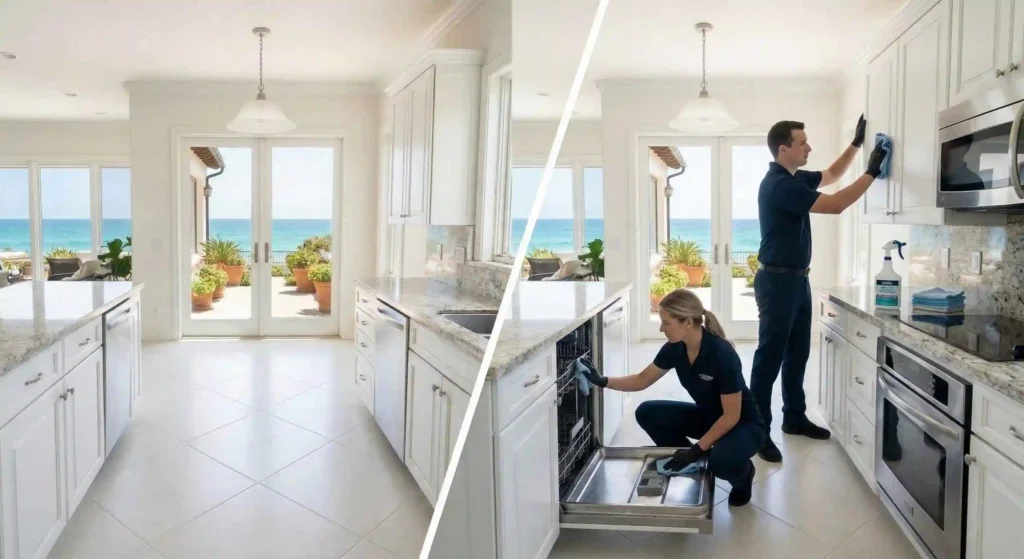 professional cleaners wiping kitchen cabinets and appliances.