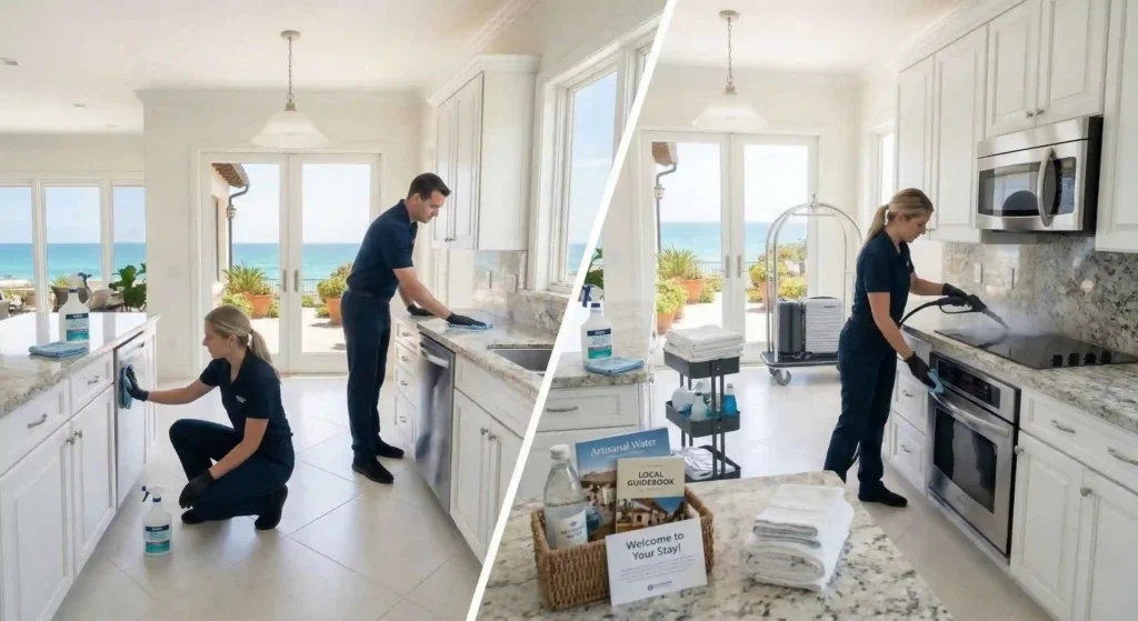 vacation rental being professionally cleaned before new guests arrive.