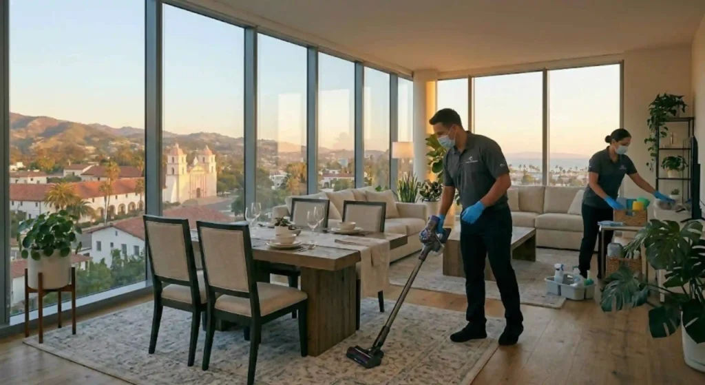 professional cleaner wiping surfaces