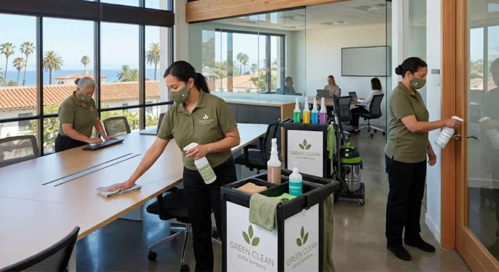 Commercial cleaning team sanitizing office workspace in Santa Barbara