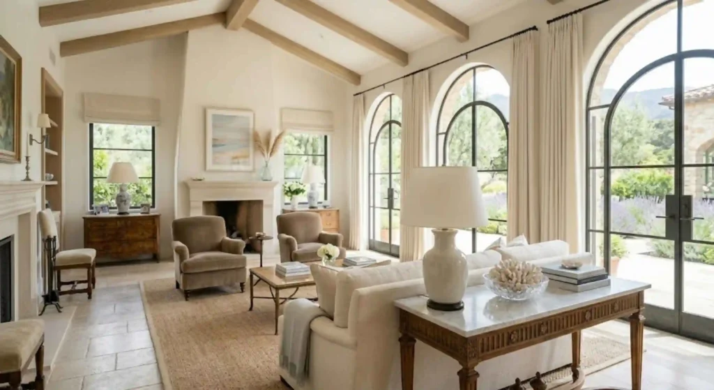Immaculately cleaned Montecito living room with natural light and coastal design
