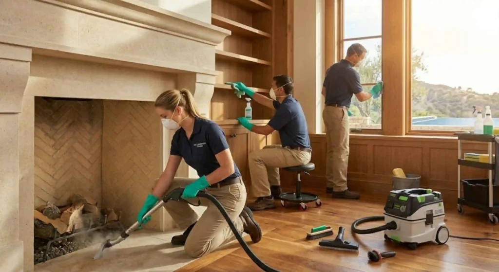 Post-construction cleaning team working in Montecito luxury home