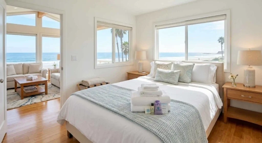 Guest-ready bedroom after professional vacation rental cleaning in Carpinteria