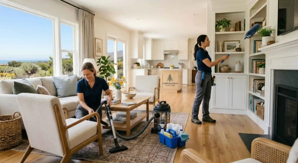 Professional cleaners dusting and vacuuming a Carpinteria living room