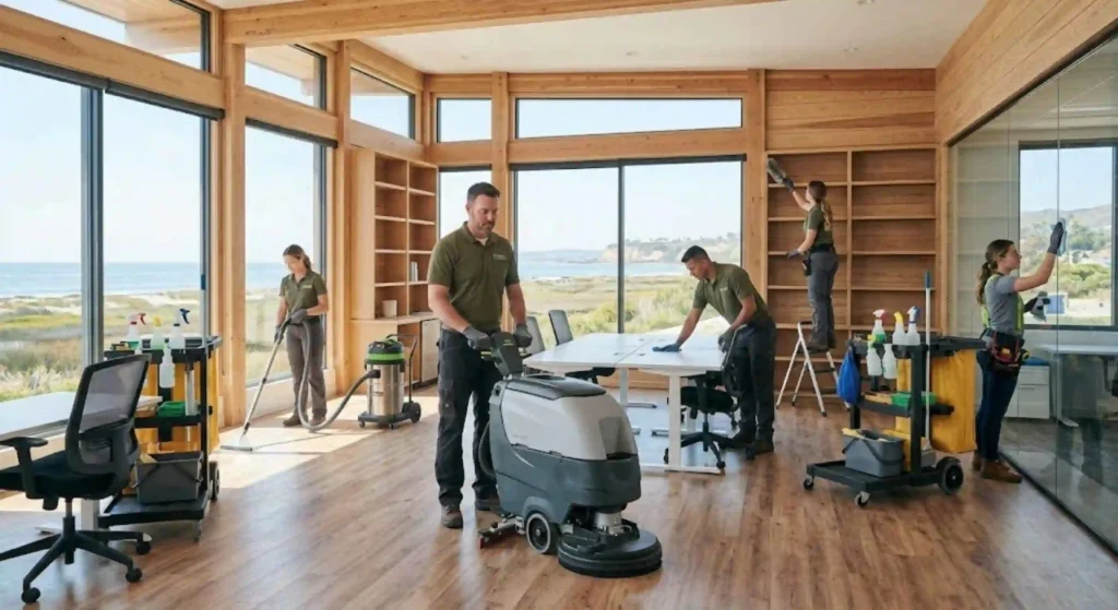Professional commercial cleaning team servicing a Carpinteria office