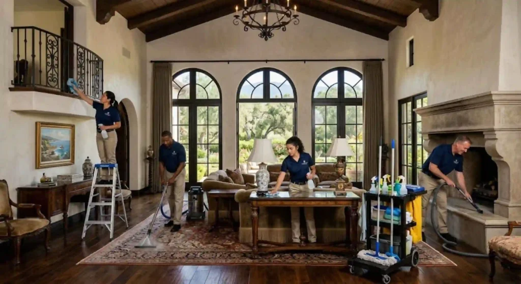 Professional deep cleaning team working inside a Montecito estate