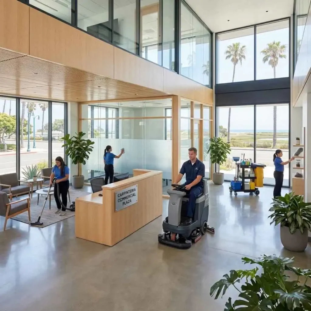 Professional janitorial team cleaning a Carpinteria commercial lobby