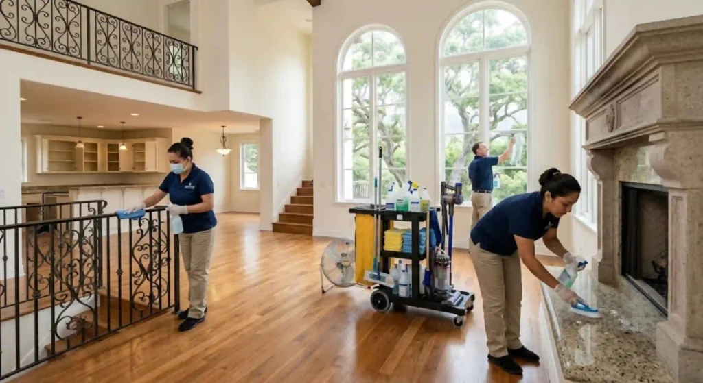 Professional move out cleaning team preparing a Montecito home for final inspection
