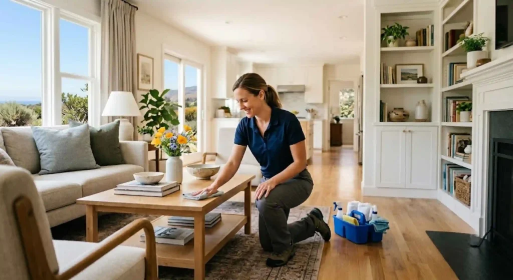 Professional residential cleaning specialist cleaning a home in Carpinteria