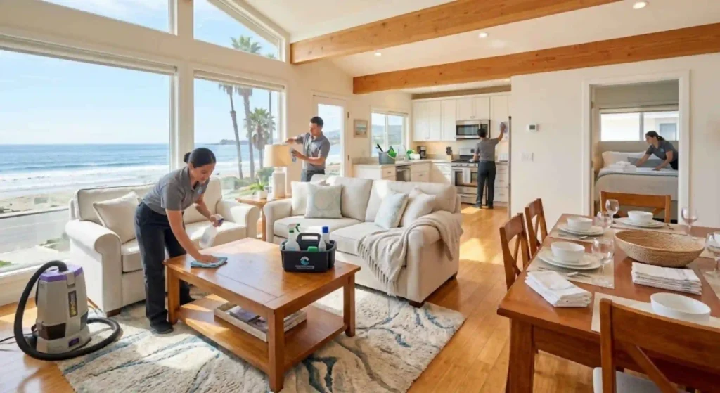Professional vacation rental cleaning team preparing a Carpinteria beach home