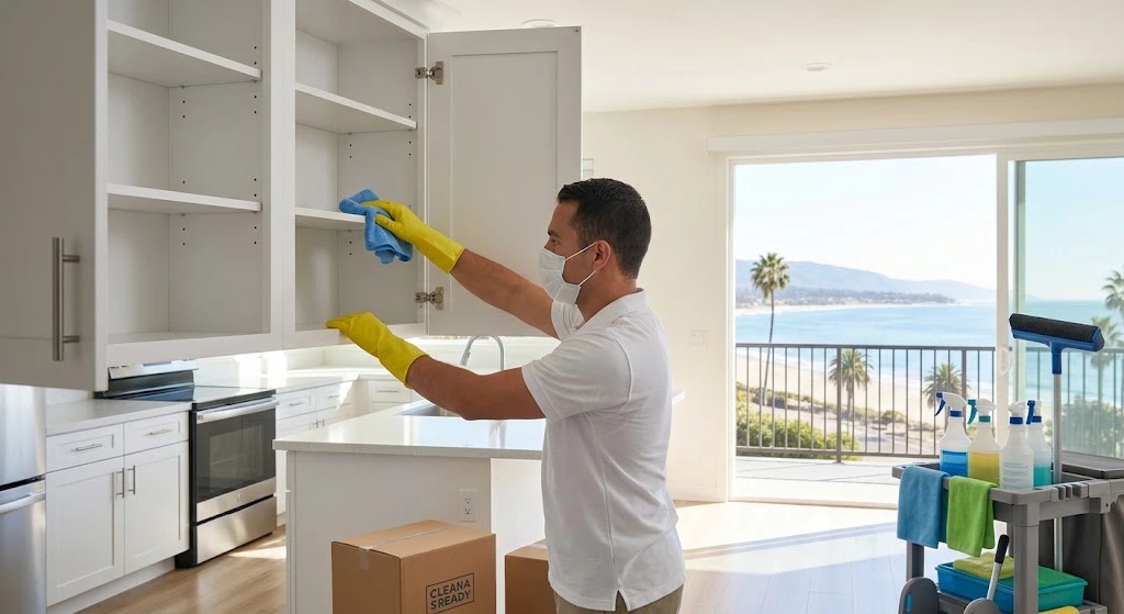 Kitchen cabinet cleaning during apartment move out cleaning in Santa Barbara