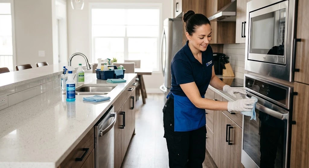 Professional housekeeping cleaning kitchen surfaces in Santa Barbara
