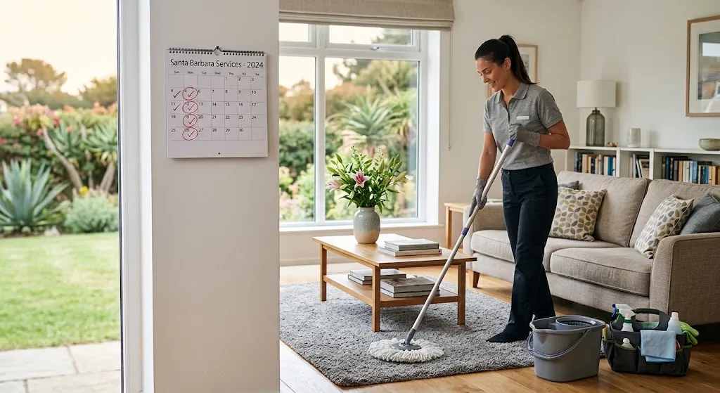 Residential cleaning professional vacuuming floors in Santa Barbara