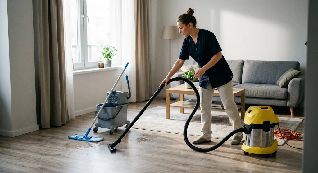 Professional cleaner vacuuming and mopping an apartment floor